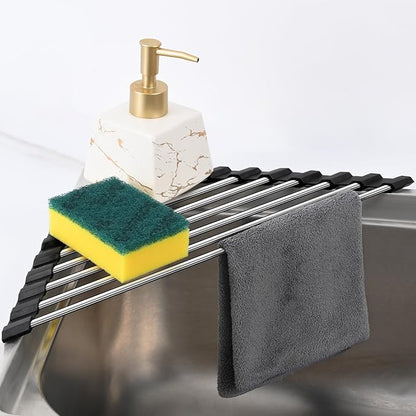 Triangle Dish Drying Rack for Sink Corner, 18/8 Stainless Steel with Thickened Silicone Edge, Roll-Up Space Saving Sink Caddy, Non-Slip Sponge Holder & Drainer Mat for Kitchen Counter