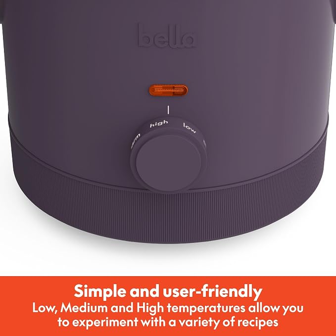 bella 1.5 Qt Slow Cooker with 3 Heat Manual Control, Ceramic Nonstick Coating, Dishwasher Safe Stoneware Pot and Tempered Glass Lid, Tangle Free Cord Wrap & Cool Touch Handles, Plum