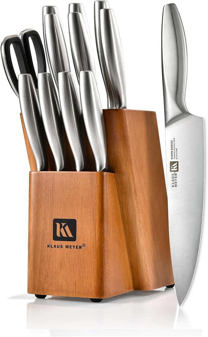 Klaus Meyer 13-Piece Kitchen Knife Set With Block, High Carbon Stainless Steel and Non-Slip Handles. Rust Proof And Dishwasher Safe Cutlery
