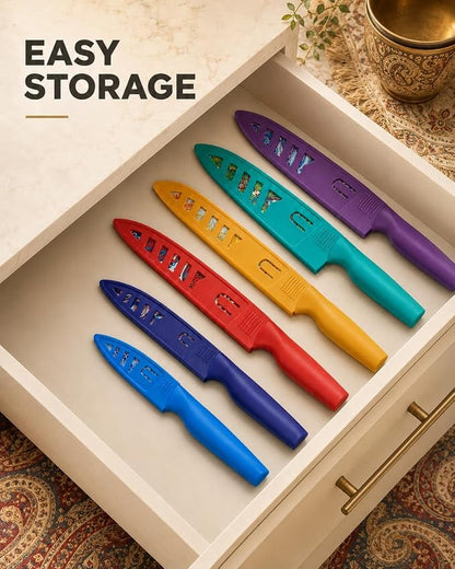 Astercook Paisley Pattern Knife Set with Cover, Dishwasher Safe Colorful Knives with 6 Knife Sheath, German Stainless Steel Rainbow Knife Set