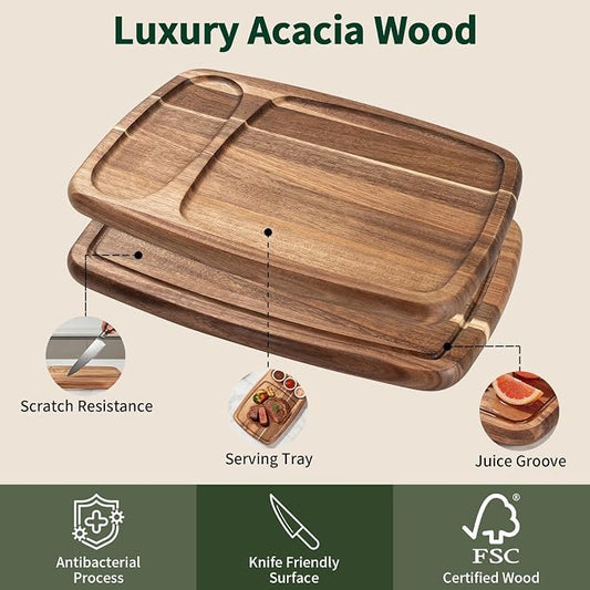 Acacia Wood Cutting Boards for Kitchen (Set of 3), Heavy Duty Chopping Board with Deep Juice Groove, Reversible Designed, Storage Stand & Oiling Brush
