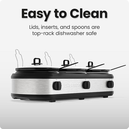 Chefman Triple Slow Cooker & Food Warmer, Three Crock Slowcooker with 2.5 Qt. Ceramic Crocks, 7.5-Quart Total Capacity, PFAS-Free, Three Temperature Settings, Dishwasher-Safe Parts – Stainless Steel