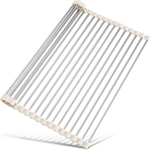 Tomorotec 17.7" x 12.5" Roll Up Dish Drying Rack Over Sink Drying Rack Sink Cover Kitchen Sink Accessories Gadget Multipurpose Organizer Foldable Stainless Steel Drainer