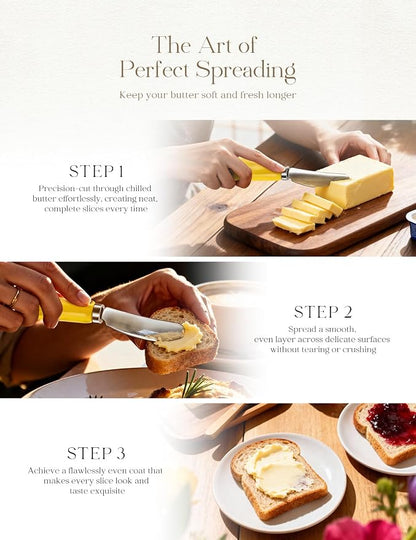 AISBUGUR 2 Pack Stainless Steel Butter Spreader Knife, Butter Knife with White Porcelain Handle, Cheese Butter Spreader Knives for Kitchen Yellow