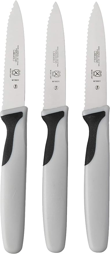 Mercer Culinary M19903 Millennia Black Handle, 3-Inch Slim Serrated Paring Knives (3-Pack), Paring Knife