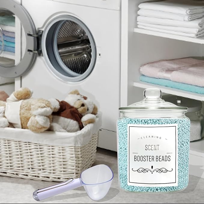 1 Gallon Glass Jars with Lids and Scoops,Clear Glass Storage Containers with Labels for Laundry Room Organization,Large Glass Canisters Set for Kitchen Pantry,Laundry Supplies,Bathroom,2 Pack