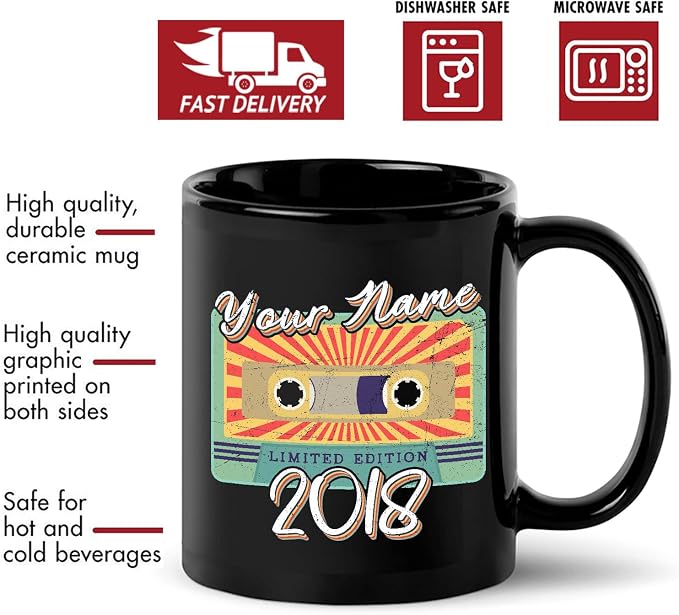Personalized Vintage Cassette Tape Vintage 2018 Mug, Custom Your Name, 2018 Retro Coffee Mug, 4th Birthday Present Gifts, 2018 Birthday Gift For Friends Family, Customizable Black Tea Cups