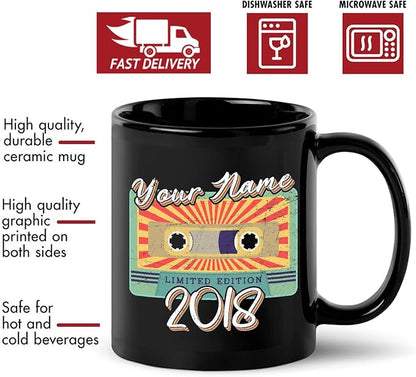Personalized Vintage Cassette Tape Vintage 2018 Mug, Custom Your Name, 2018 Retro Coffee Mug, 4th Birthday Present Gifts, 2018 Birthday Gift For Friends Family, Customizable Black Tea Cups