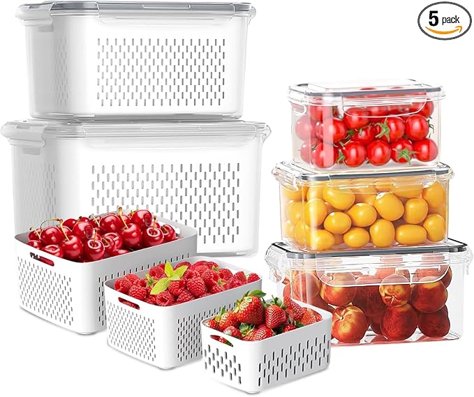 5 PCS Fruit Storage Containers for Fridge, Leakproof Food Storage Containers with Removable Colander, Dishwasher & Microwave Safe, Produce Saver Container Keep Berry Fruit Vegetable Fresh Longer