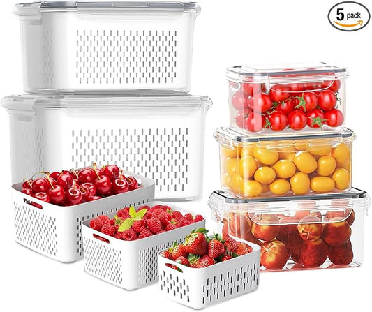 5 PCS Fruit Storage Containers for Fridge, Leakproof Food Storage Containers with Removable Colander, Dishwasher & Microwave Safe, Produce Saver Container Keep Berry Fruit Vegetable Fresh Longer