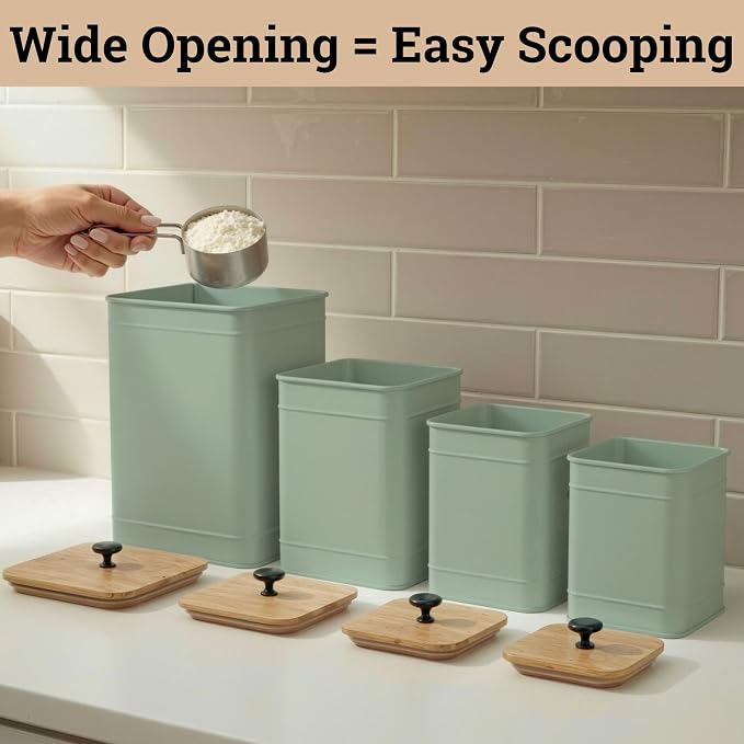 Kitchen Canisters for Countertop Set of 4 with Customizable Chalkboard Labels & Marker Pen - Big Iron Kitchen Canisters with Airtight Lids - Sage Green Canister Set - Flour and Sugar Containers