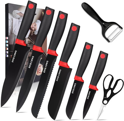8-Piece Chef Knife Set - Ultra Sharp Premium German High Carbon Stainless Steel, Razor-Sharp & Durable, Lightweight Anti-Slip Handle, Professional Kitchen Knives with Gift Box (Red 8 Piece)