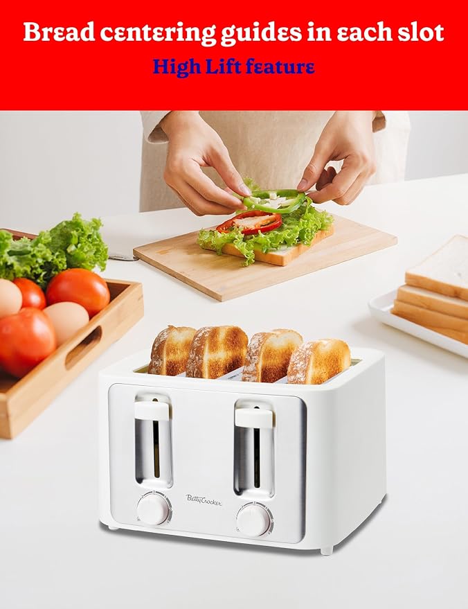 Betty Crocker 4-Slice Toaster, 1500W, Variable Toast Shade Control Dials, High Lift Feature, Cool Touch Housing, Bread Centering Guides, Drop Down Crumb Tray, BC-5635W, White