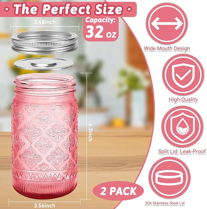 Pink Mason Jars 32 oz with Stainless Steel Leakproof Lids, 2 Pack Wide Mouth Colored Glass Jars for DIY Crafts, Wedding Centerpieces, Home Decor, Flower Vase, Bathroom Storage
