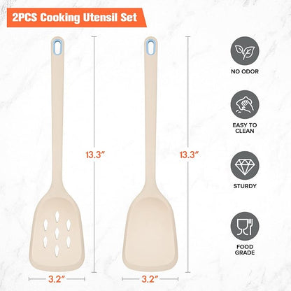 Silicone Cooking Spatula&Slotted Spatulas, Pack of 2,Solid Turner Kitchen Utensils Set for Cooking,Frying, Baking, Flipping, Turning,Heat Resistant 450℉ (KHAKI)