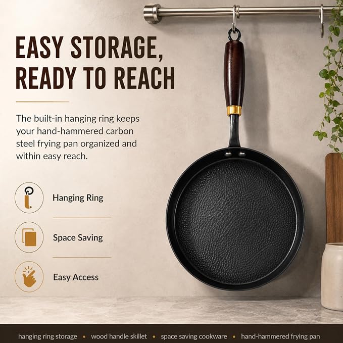 Calmabode 9.5” Hand-Hammered Carbon Steel Pan with Wooden Lid | Nitrided carbon steel, flat bottom, detachable wood handle, ideal for eggs, steak, searing, sautéing and daily cooking