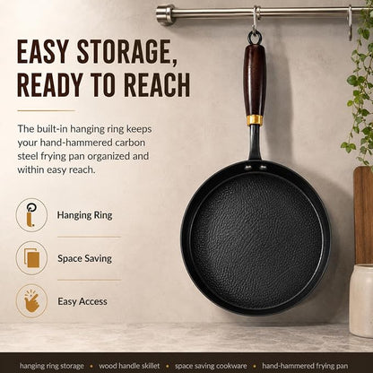 Calmabode 9.5” Hand-Hammered Carbon Steel Pan with Wooden Lid | Nitrided carbon steel, flat bottom, detachable wood handle, ideal for eggs, steak, searing, sautéing and daily cooking