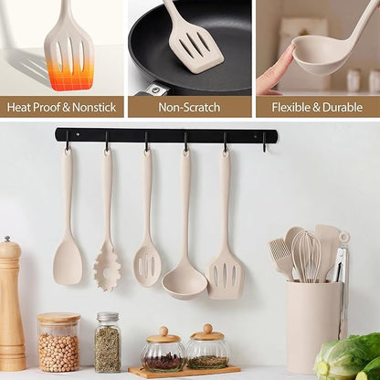 LIANYU 14 Pcs Kitchen Utensils Set with Holder, Silicone Cooking Utensils Spatula Set, Heat Resistant Cookware Tools Includes Spoon Turner Whisk Tong, Dishwasher Safe, Khaki