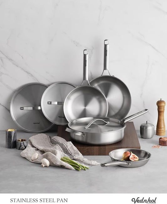 Stainless Steel Frying Pan Set with Lids 8+10+12 Inch,Tri-Ply Stainless Steel Skillets,Brushed Steel Pans with Stainless Steel Lids,Oven&Dishwasher Safe,Induction Compatible
