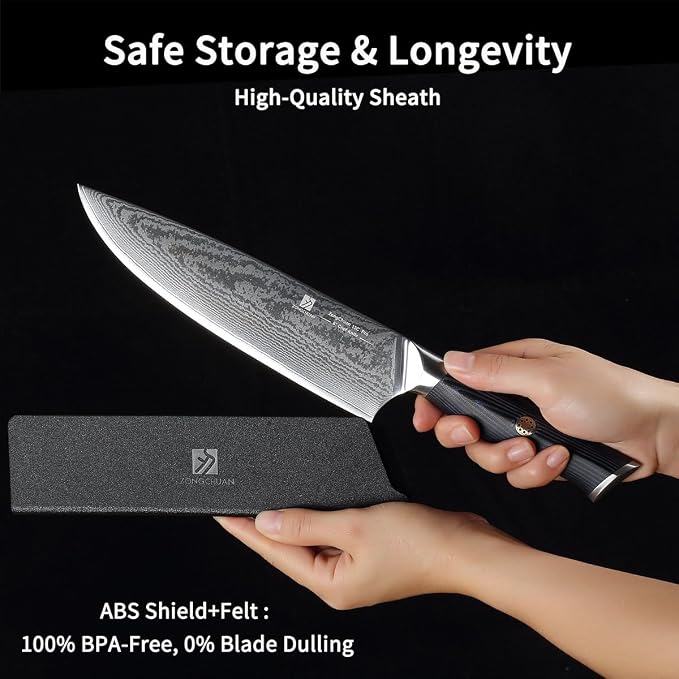 Chef Knife,8inch Damascus knife,67-Layer High Carbon Stainless Steel Kitchen Knife,Professiona Sharp Cutting Knives with Ergonomic G10 Blue Black Handle,Gift Box for Home and Kitchen Birthday Gift