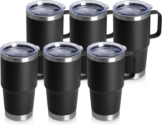 20oz Tumbler Bulk with Lid, Stainless Steel Tumbler Bulk with Handle, Metal Insulated Travel Coffee Mug Set with Handle, Double Wall Vacuum Leak Proof Tumbler Cup, Black 6 Pack