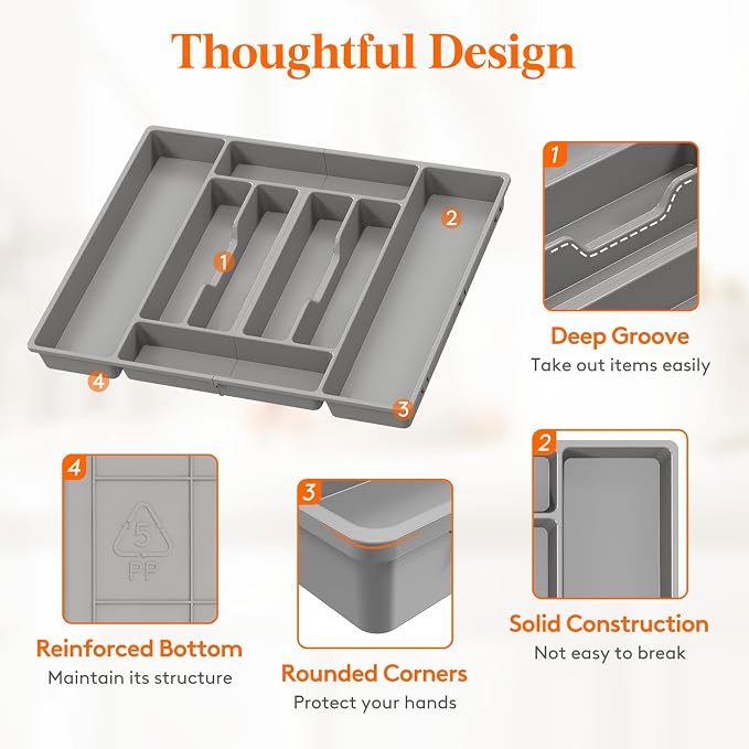 Lifewit Silverware Organizer, Plastic Kitchen Utensil Drawer Tray, Cutlery Flatware Storage Holder for Spoons Forks Knives, 20 x 16"/ 52 x 42cm, 8 Compartment, Gray