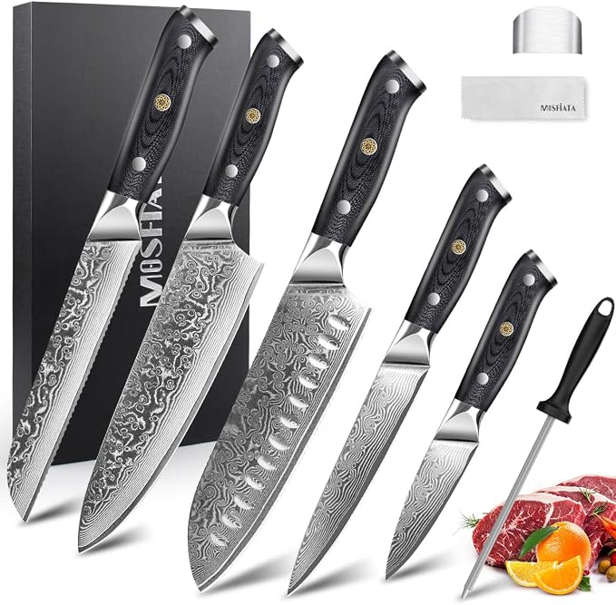 MOSFiATA Damascus Chef Knife Set 5PCS-Professional Sharp High Carbon VG10 Stainless Steel Kitchen Knife with Finger Guard, Knife Sharpener Rod Gift