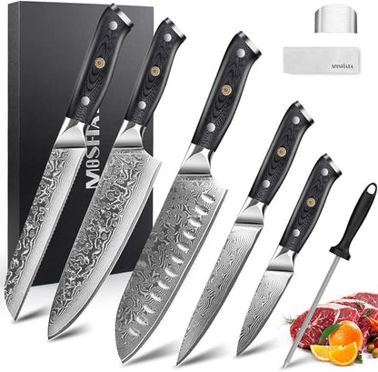 MOSFiATA Damascus Chef Knife Set 5PCS-Professional Sharp High Carbon VG10 Stainless Steel Kitchen Knife with Finger Guard, Knife Sharpener Rod Gift