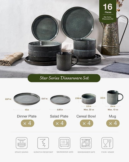 Famiware Star 16-Piece Stoneware Dinnerware Set, Service for 4, Reactive Glaze Mugs, Plates and Bowls, Dishes with Trim, Modern Rustic, Chip/Scratch Resistant, Microwave/Dishwasher Safe, Deep Forest