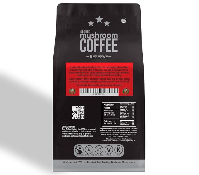 La Republica Peruvian Dark Reserve Coffee Ground for Espresso Maker (Lion's Mane, Reishi, Chaga, Dark Roast, 60 Servings)