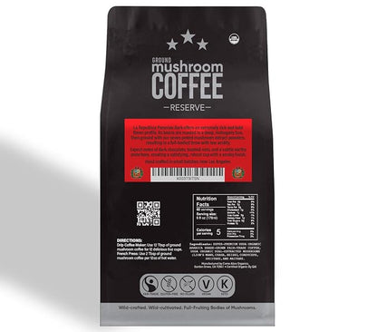 La Republica Peruvian Dark Reserve Coffee Ground for Espresso Maker (Lion's Mane, Reishi, Chaga, Dark Roast, 60 Servings)