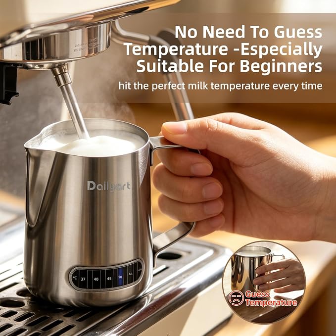 Milk Pitcher, Dailyart Stainless Steel Milk Frothing Pitcher with Thermometer for Coffee, Cappuccino,Espresso,Latte Art(600ml/20oz)