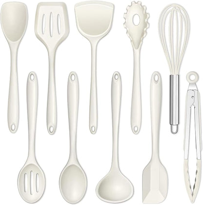 E-far 10 Pieces Silicone Cooking Utensils Set, Heat Resistant Kitchen Utensil Set for Nonstick Cookware, Kitchen Cooking Tools with Spatula, Spoon, Slotted Turner, Non-Toxic & Dishwasher Safe (White)
