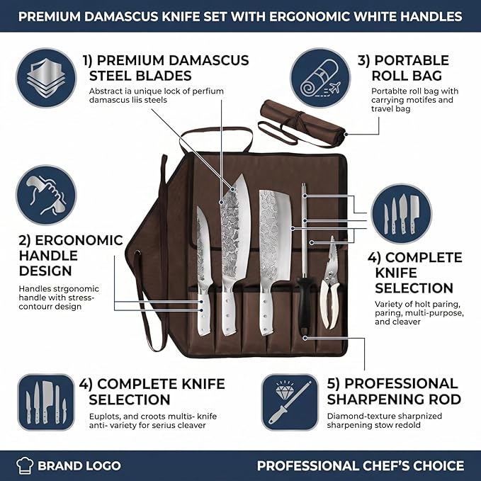 KOFERY Hand Forged Damascus Steel Butcher Knife Set with Knife Roll for Meat Cutting, Grilling & Smoking Meat, Essential BBQ Kit for Outdoor Camping, Pit Master Gifts for Men with White Handles