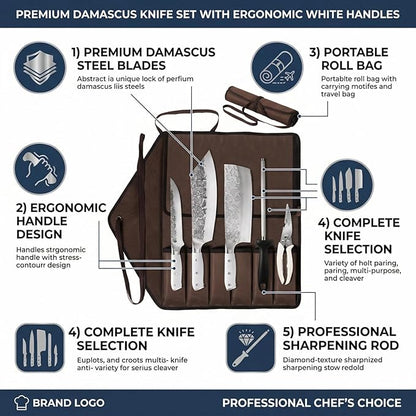KOFERY Hand Forged Damascus Steel Butcher Knife Set with Knife Roll for Meat Cutting, Grilling & Smoking Meat, Essential BBQ Kit for Outdoor Camping, Pit Master Gifts for Men with White Handles