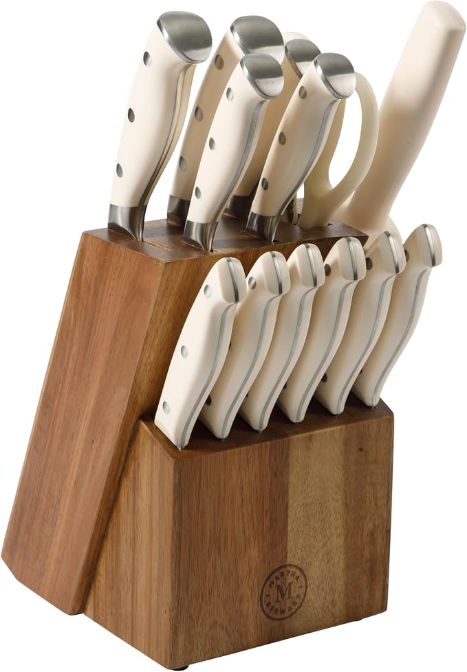 Martha Stewart Greeley Forged High Carbon Stainless Steel 14 Piece Knife Block Set, Linen White Kitchen Knife Set with Acacia Wood Block, Chef Knife, Bread Knife, Steak Knives