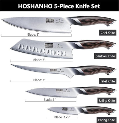 HOSHANHO 5 Pieces Knife Set, Japanese High Carbon Stainless Steel Kitchen Knife Sets, Professional Ultra Sharp Chef Knives Set with Ergonomic Pakkawood Handle