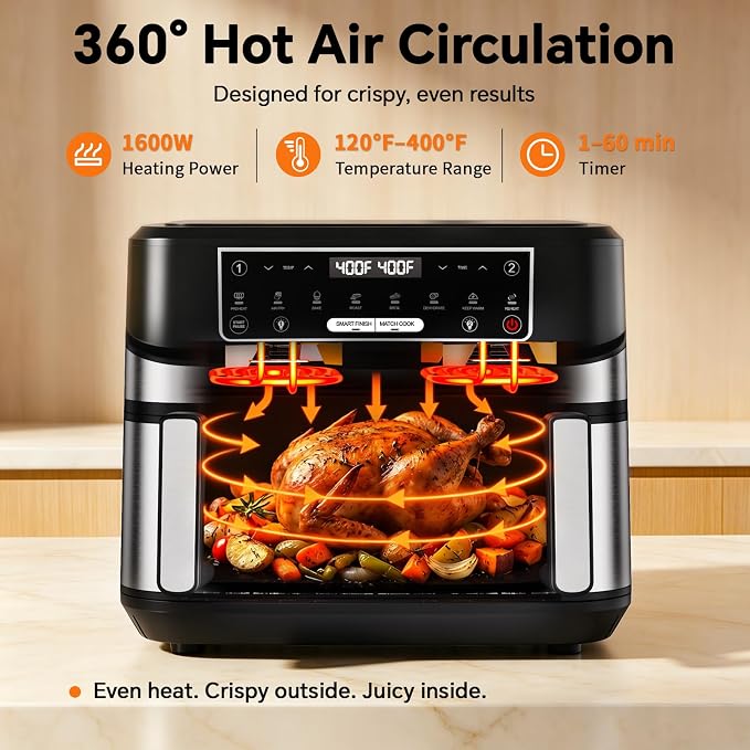 Emphsism 12QT Large Dual Zone Air Fryer with Divider, Match Cook & Smart Finish, Air Fry/Roast/Bake/Toast/Dehydrate/Reheat/Keep Warm/Preheat, Nonstick Dishwasher-Safe Basket, Digital Touchscreen