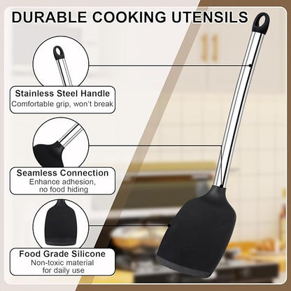 Vayvnt Silicone Cooking Utensils Set for Nonstick Cookware, 4 PCS Kitchen Silicone Spatula and Spoon Set with Stainless Steel Handle, Heat Resistant Kitchen Utensils, Dishwasher Safe, Black