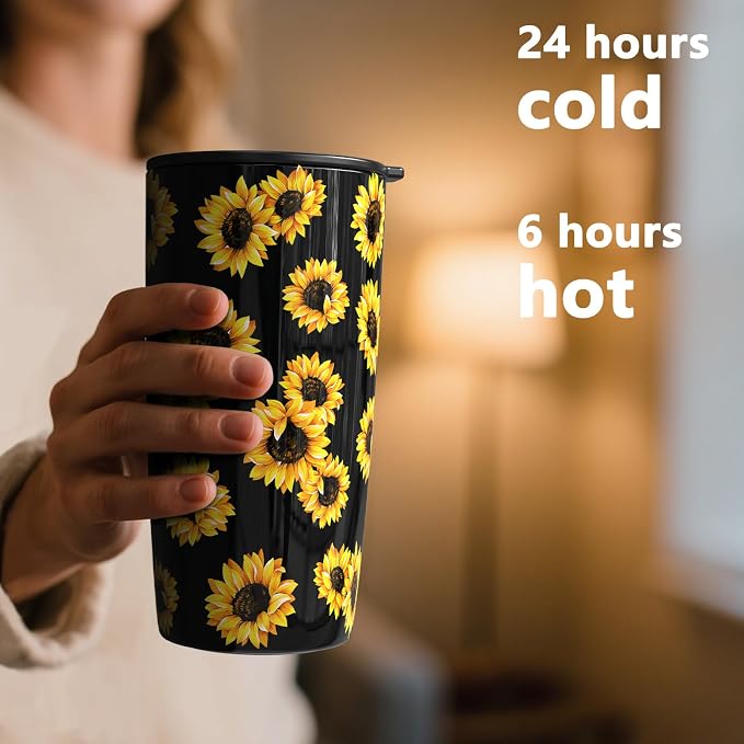 TILUCK 20 oz Insulated Tumbler with BPA-Free Lid, Stainless Steel Vacuum Travel Coffee Mug, Double Wall Coffee Tumbler for Cold Drinks（20oz，Sunflower）