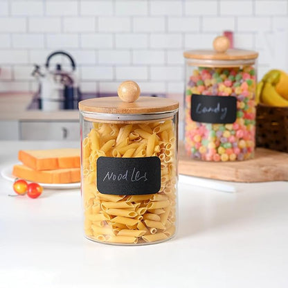 Le'raze 1 Gallon Glass Canister Set for Kitchen Counter with Airtight Bamboo Lids + Marker & Labels - of 2 Large Cookie Jars Wooden Lid, Food Storage Containers Pantry, Flour, Sugar, Pasta, Candy,
