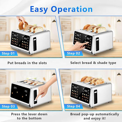 SAKAMOSH 4 Slice Touch Screen Toaster with Dual Control Panel, Wide Slots Smart Digital Toaster with 6 Browning Levels & Bread Type, Single Slice Toasting/Reheat/Defrost/Cancel, 1800W, Stainless Steel
