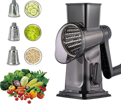 3-in-1 Manual Rotary Cheese Grater & Vegetable Slicer, Round Mandoline Food Chopper with 3 Interchangeable Blades, Strong Suction Base Hand Crank Grater for Cheese, Potato, Nuts & Veggies