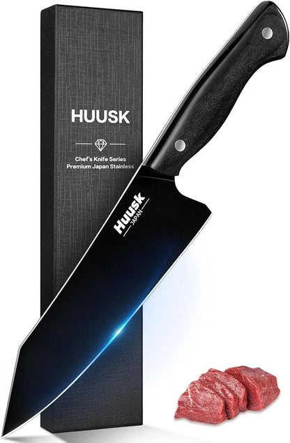 Huusk Japanese Chef Knife for Kitchen - 7" Kirisuke Knife with Black Titanium Coating, Stainless Kitchen Cooking Knifes for Vegetable & Meat Cutting, Ultra Sharp Sushi Knives, Men's Gifts