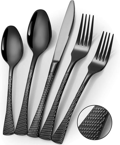 Lemeya Hammered Black Silverware Set,30 Piece Modern Flatware Set Service for 6,Mirror Polished Stainless Steel Cutlery Set Utensil Set Tableware Set,Kitchen Knives Forks Spoons Set,Dishwasher Safe