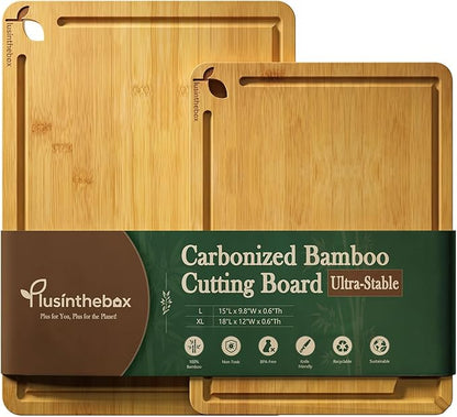 Cutting Board Set of 2, L and XL Bamboo Chopping Boards for Kitchen, Butcher Block Cutting Boards with Side Handles for Meat, Vegetables, Fruit, Meal Prep and Daily Cooking