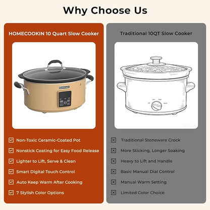 HOMECOOKIN Slow Cooker, Extra Large 10 Quart Programmable Slow Cookers, Dishwasher Safe Glass Lid & Crock, Kitchen Appliance for Families and Gatherings, Brown