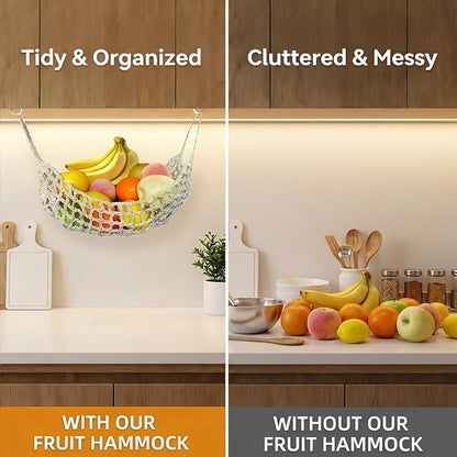 Hanging Fruit Hammock Under Cabinet, 13×16in Macrame Hanging Fruits Basket with 4 Hooks Fruit Net Banana Hammock Hanging Storage Veggie Hanger Basket for Kitchen Home Boat Rv(Beige)