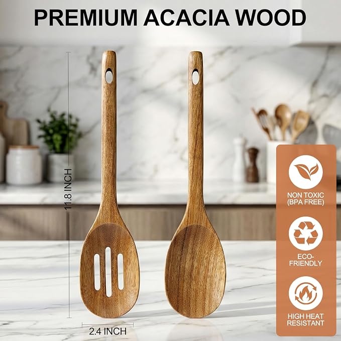 Large Wooden Spoons for Cooking Utensil Set Big Mixing Serving Slotted Spoons Acacia Wood Cooking Spoon Set Non Toxic Spatula for Kitchen Bamboo Kitchen Utensils Long Handle Stirring Spoon Spatulas