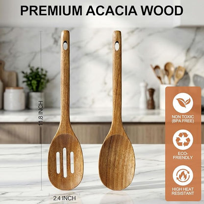 Large Wooden Spoons for Cooking Utensil Set Big Mixing Serving Slotted Spoons Acacia Wood Cooking Spoon Set Non Toxic Spatula for Kitchen Bamboo Kitchen Utensils Long Handle Stirring Spoon Spatulas